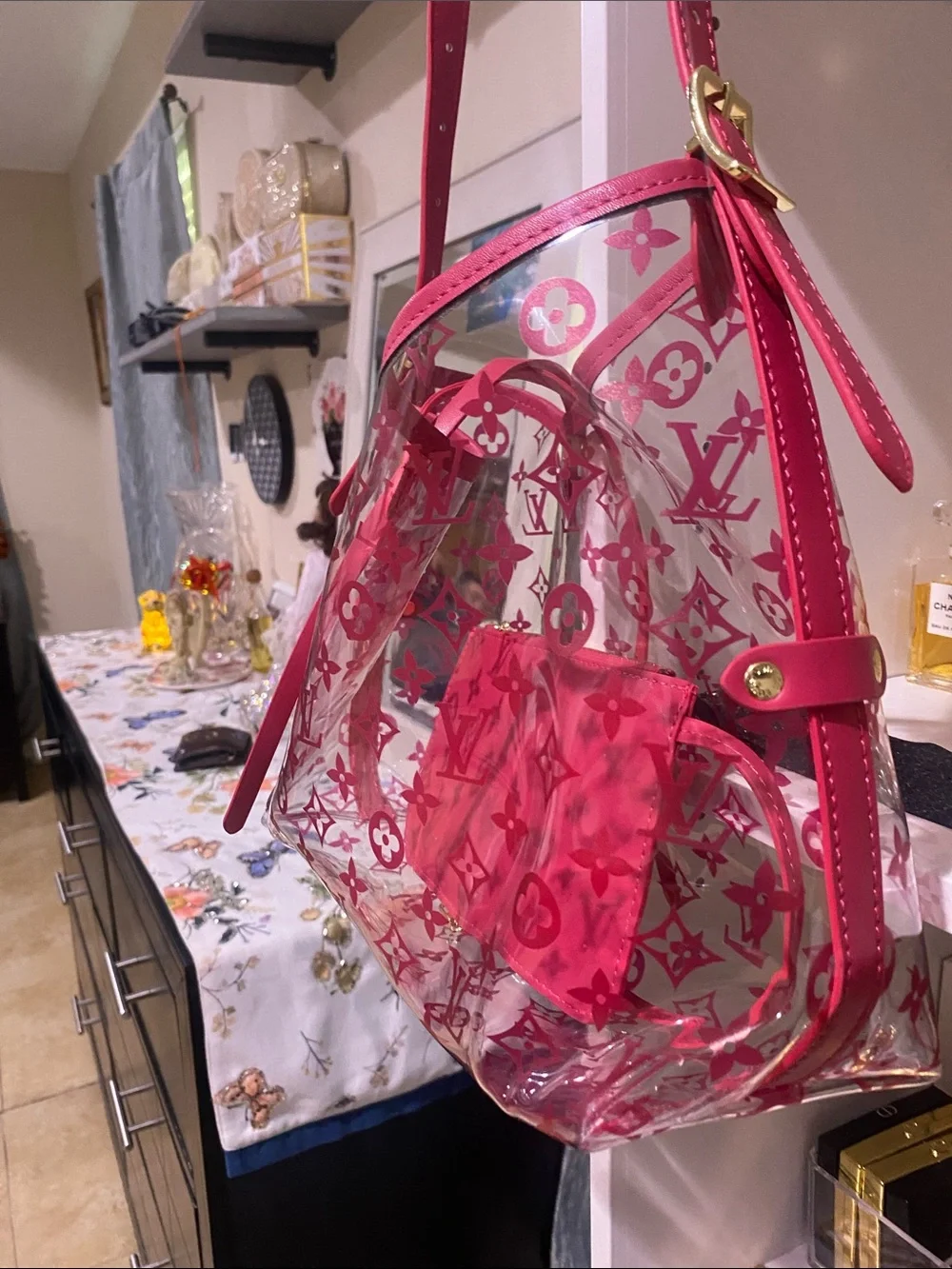 Pink Clear Shoulder Bag with Logo Monogram